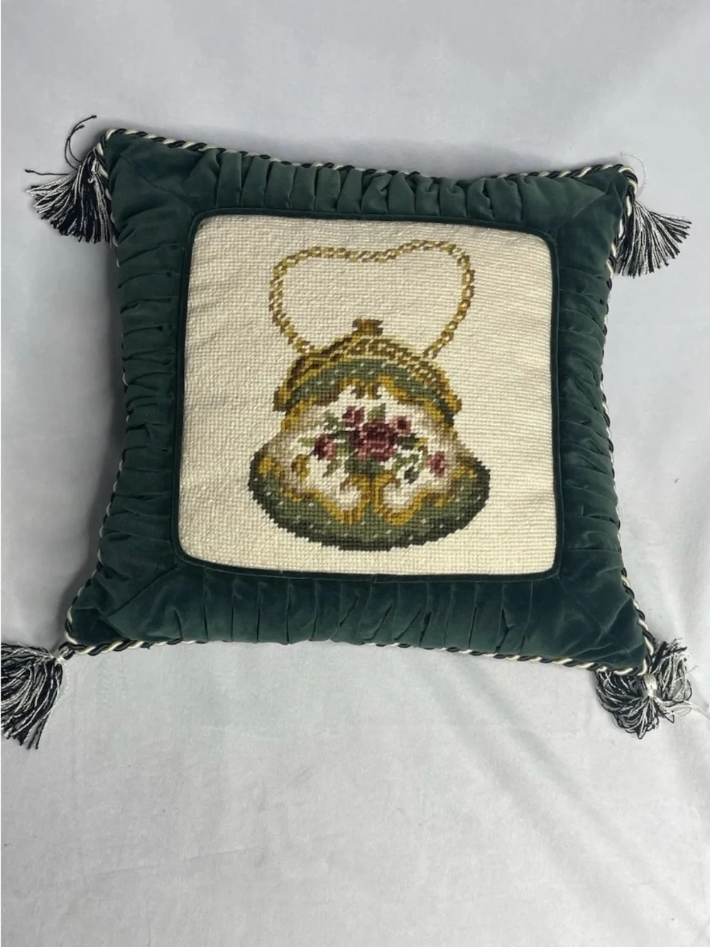Needlepoint Pillow Purse Handbag Velvet Back Cottagecore Tassels